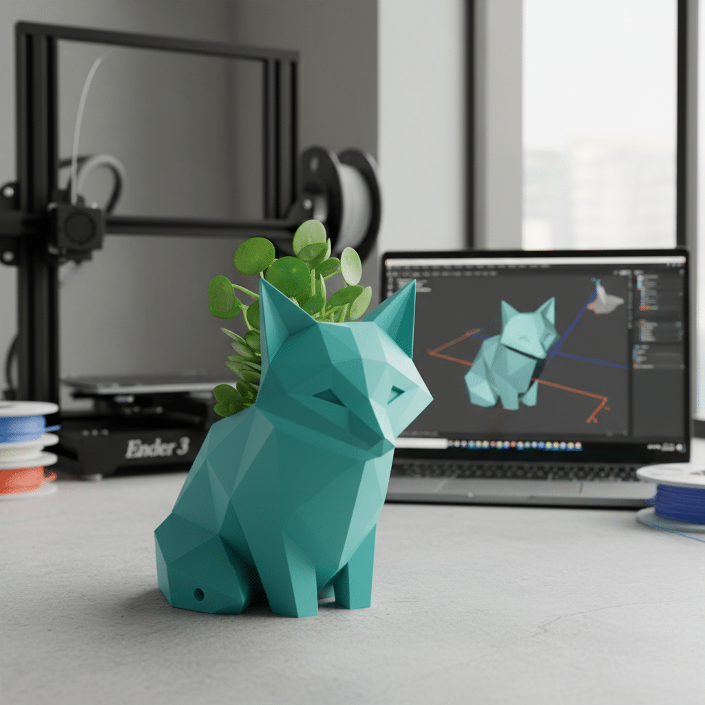 3D-printed geometric fox planter with greenery beside a laptop displaying 3D modeling software, in a creative workspace.