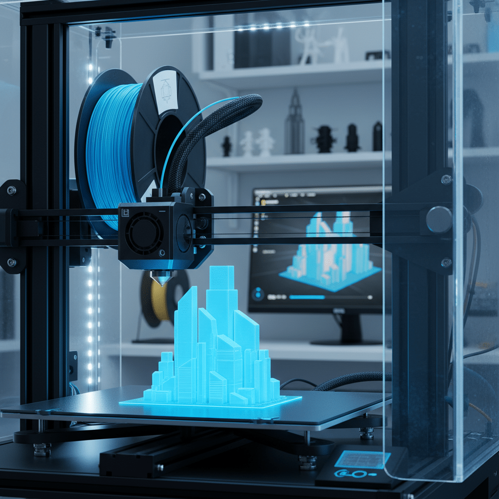 3D printer creating blue cityscape model, filament spool visible, with computer screen displaying design in modern workspace.