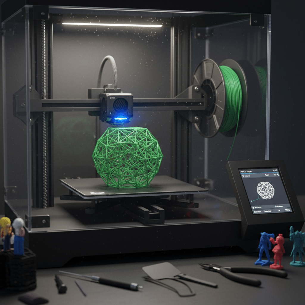 ai-photo-studio-1764746051765-1 3D printer creating a complex green geometric structure, surrounded by small tools and figurines on a workspace. | Sky Rye Design 3D printer creating a complex green geometric structure, surrounded by small tools and figurines on a workspace.