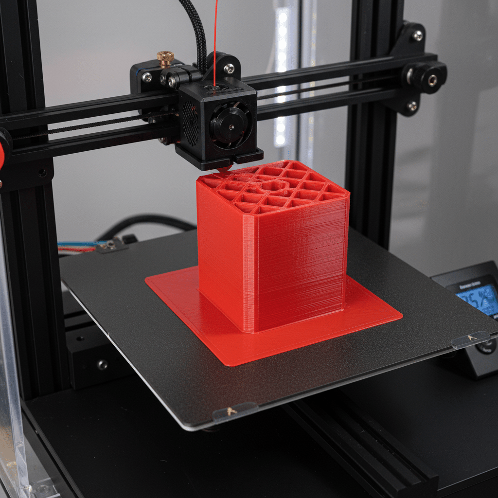 ai-photo-studio-1764746577033-1 3D printer creating a red cube with intricate patterns on the build plate, showcasing modern additive manufacturing technology. | Sky Rye Design 3D printer creating a red cube with intricate patterns on the build plate, showcasing modern additive manufacturing technology.