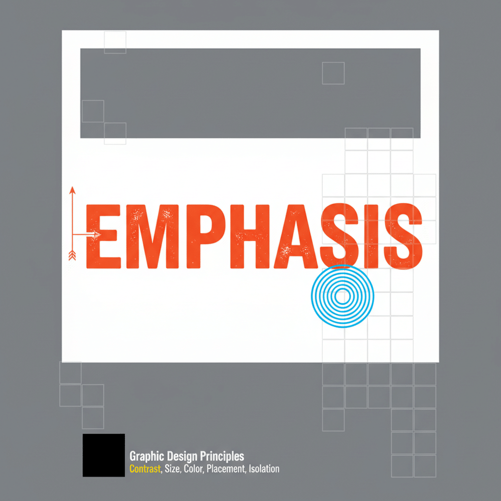 Graphic design concept illustrating 'emphasis' using size, color, and placement on a gray and white background. Principles: contrast.
