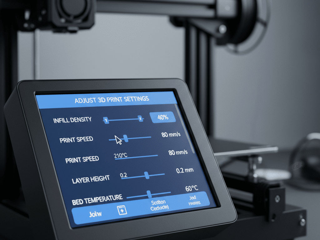 3D printer touchscreen displaying settings like infill density, print speed, and temperature, optimizing for precise printing results.