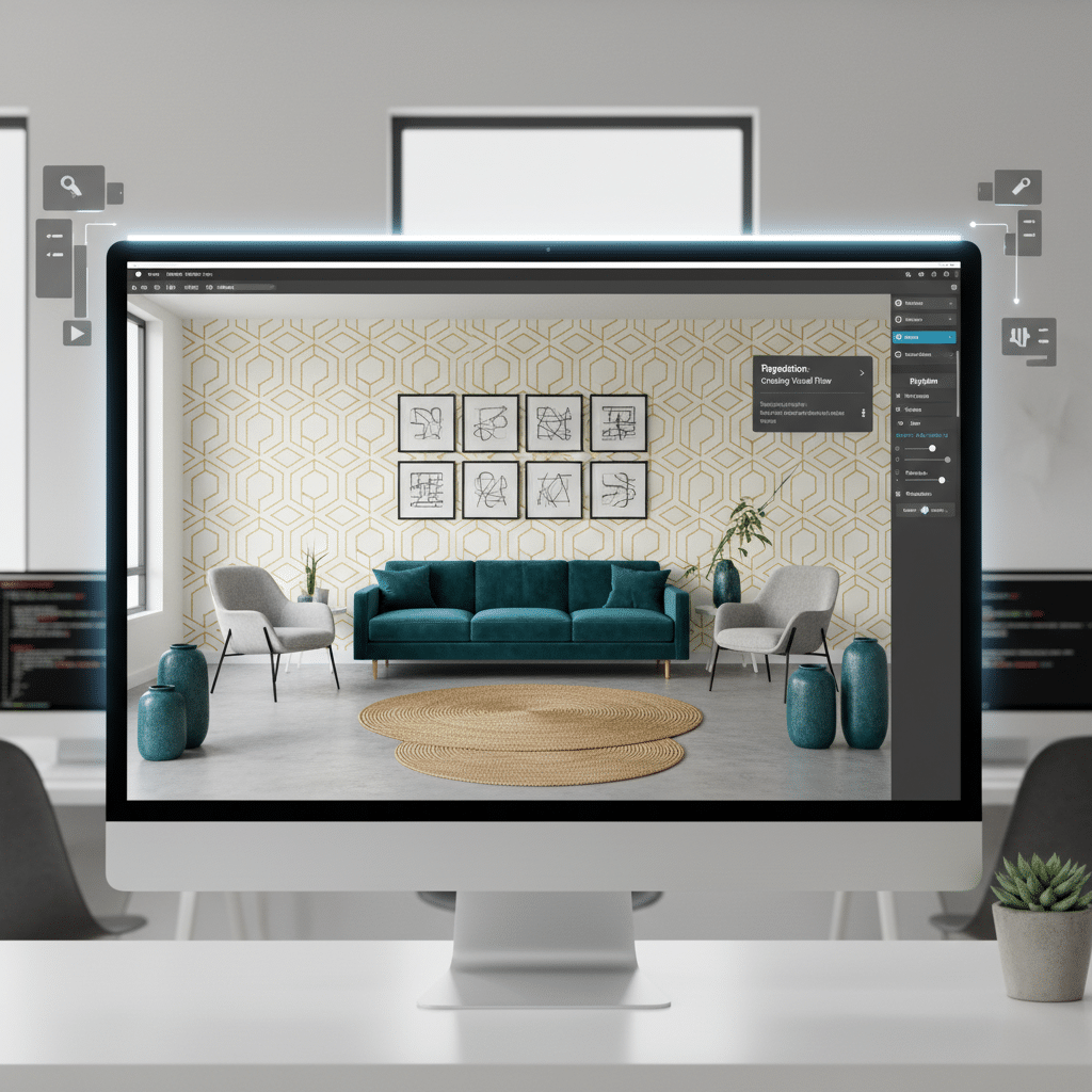 Computer screen displaying modern interior design with teal sofa, abstract art, and geometric wallpaper.