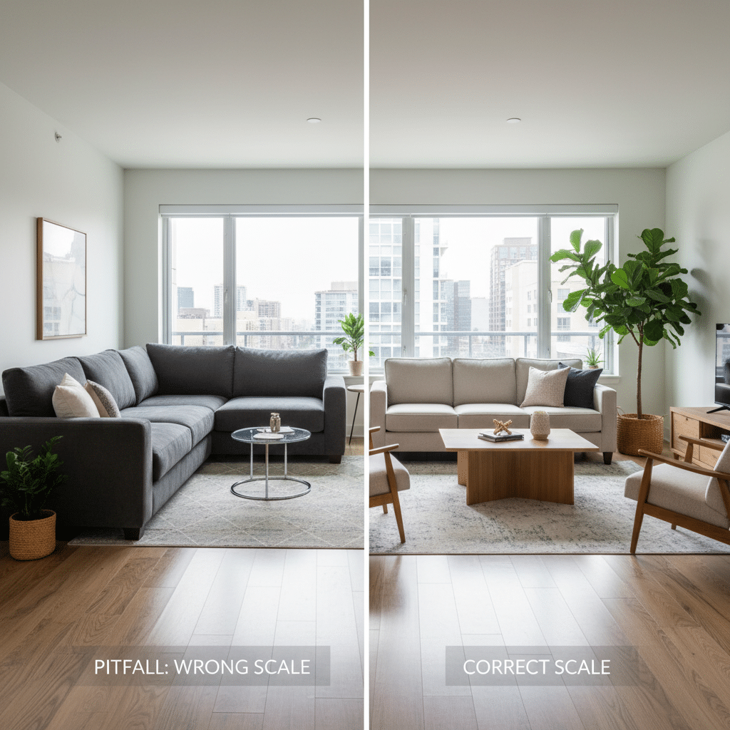 Living room comparison: wrong scale with large sofa vs. correct scale with appropriately sized furniture, enhancing space and design.