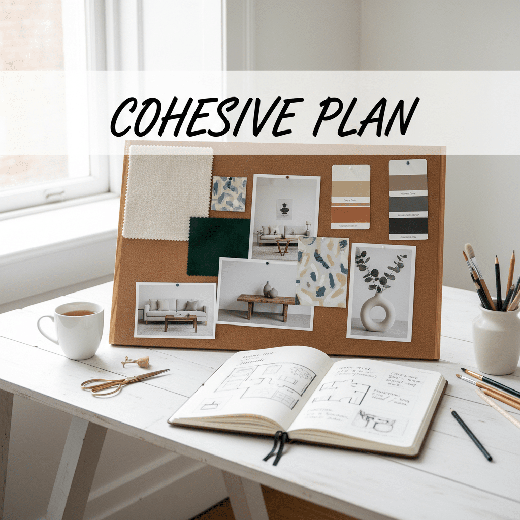 Mood board with interior design samples, sketches, and photos on a desk, suggesting a cohesive home decor plan with neutral tones.