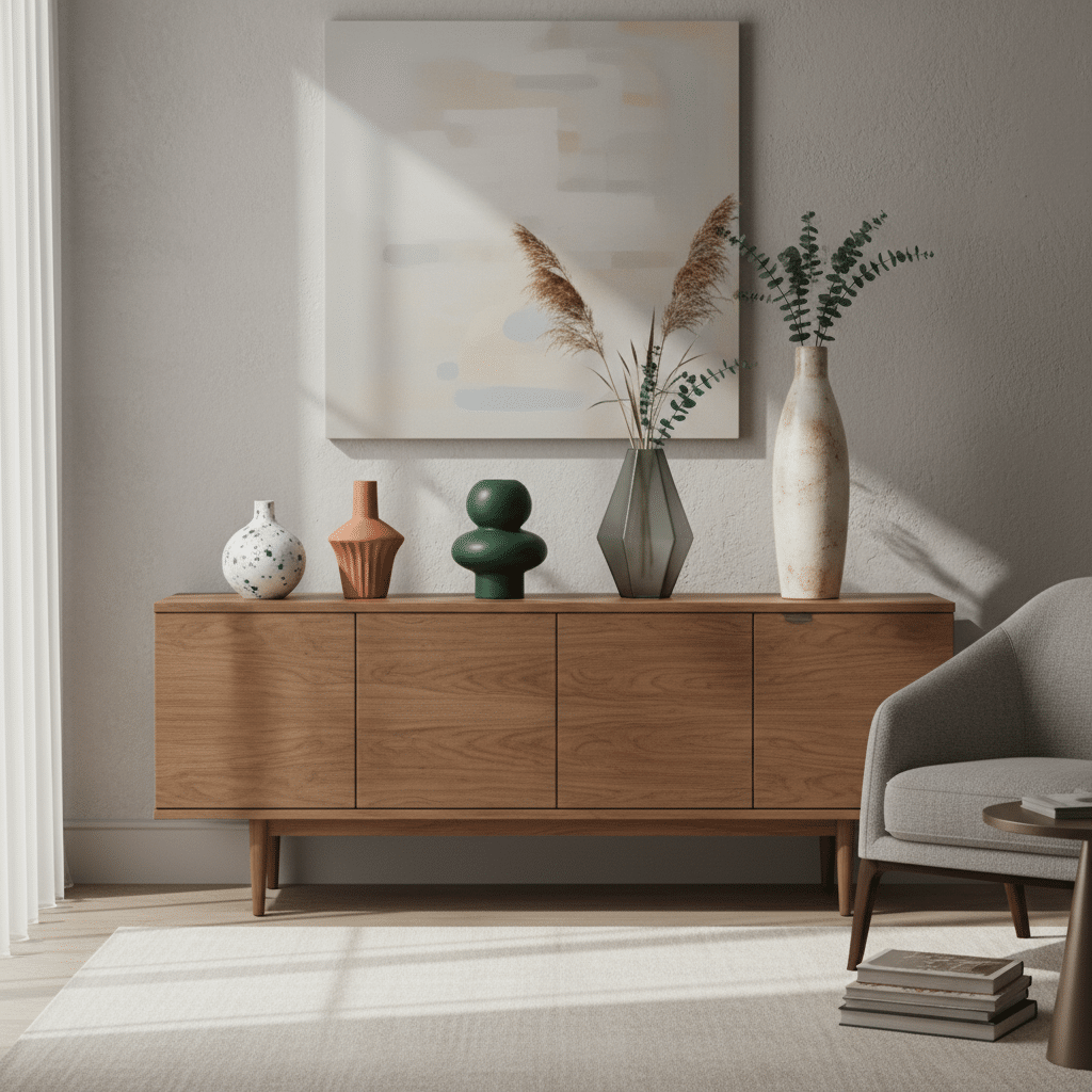 Modern living room with a wooden sideboard, stylish vases, abstract art, and a cozy armchair. Sunlit minimalist interior design.