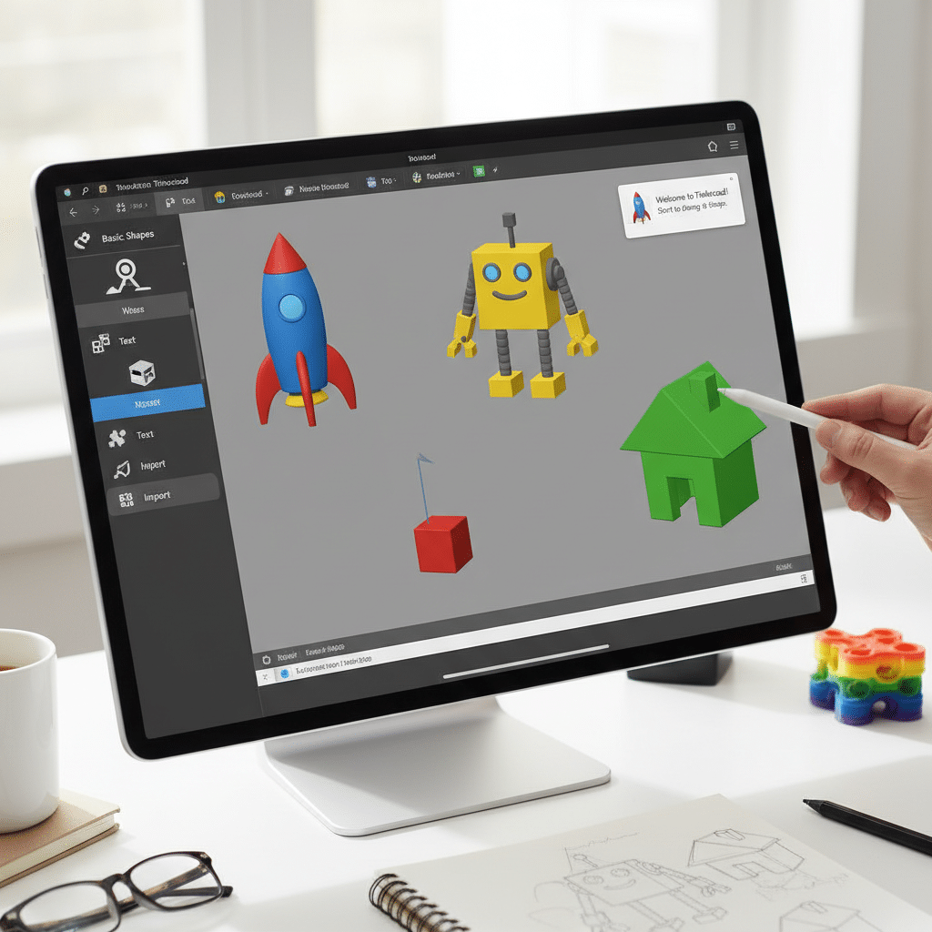 ai-photo-studio-1764874550241-2 Computer screen displaying 3D modeling software with a rocket, robot, and house; user interacts with a stylus. | Sky Rye Design Computer screen displaying 3D modeling software with a rocket, robot, and house; user interacts with a stylus.