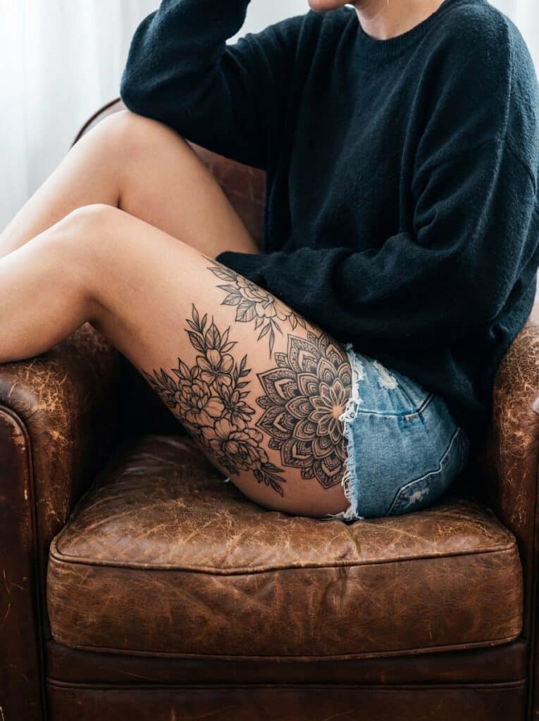ai-photo-studio-1765748498891-1 Person with intricate floral thigh tattoo, wearing denim shorts and a black sweater, sitting on a brown leather chair. | Sky Rye Design Person with intricate floral thigh tattoo, wearing denim shorts and a black sweater, sitting on a brown leather chair. sexy thigh tattoos for women