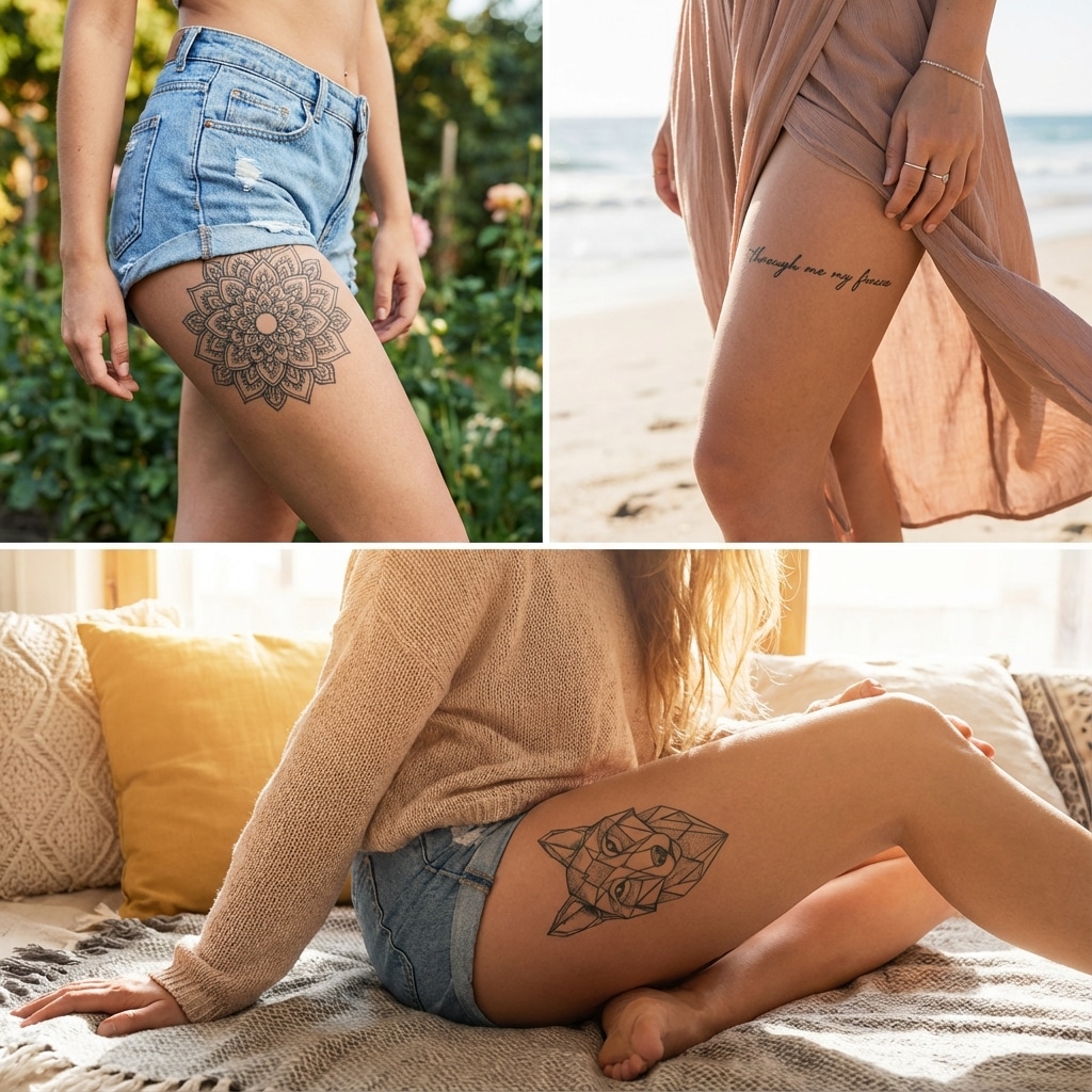 ai-photo-studio-1765749556954-1 Three stylish thigh tattoos: a geometric wolf, a floral mandala, and a scripted quote on a beach. | Sky Rye Design Three stylish thigh tattoos: a geometric wolf, a floral mandala, and a scripted quote on a beach.