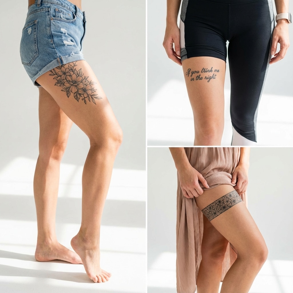 ai-photo-studio-1765749558631-2 Three close-up images of women's thigh tattoos: a floral design, a script quote, and geometric patterns on skin in casual clothing. | Sky Rye Design Three close-up images of women's thigh tattoos: a floral design, a script quote, and geometric patterns on skin in casual clothing.