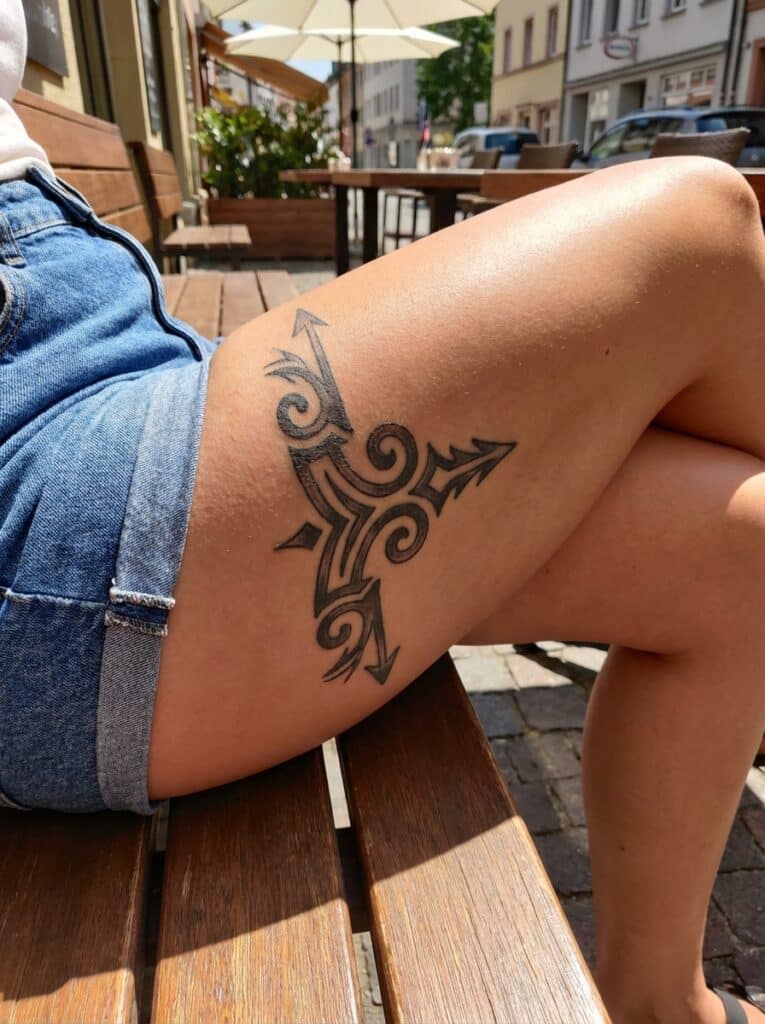 ai-photo-studio-1765816419694-1 Close-up of a leg tattoo with tribal design on a person wearing denim shorts, sitting outside on a sunny day with street view in the background. | Sky Rye Design Close-up of a leg tattoo with tribal design on a person wearing denim shorts, sitting outside on a sunny day with street view in the background.