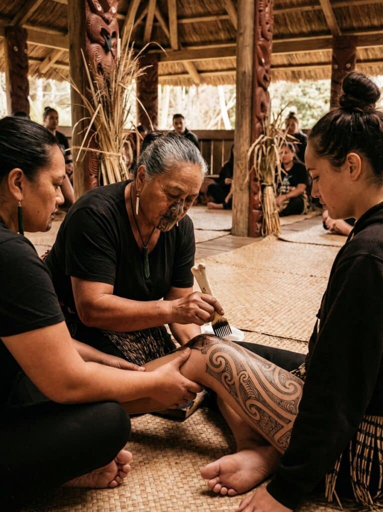 ai-photo-studio-1765816490344-2 Maori tattoo artist applying traditional tattoo in cultural setting, surrounded by people. | Sky Rye Design Maori tattoo artist applying traditional tattoo in cultural setting, surrounded by people.