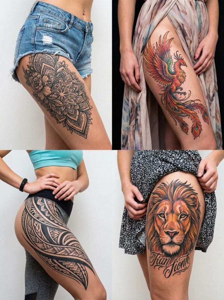 ai-photo-studio-1765823443546-1 Four artistic thigh tattoos featuring a mandala, a vibrant phoenix, tribal patterns, and a lion head with text, showcasing intricate designs. | Sky Rye Design Four artistic thigh tattoos featuring a mandala, a vibrant phoenix, tribal patterns, and a lion head with text, showcasing intricate designs.