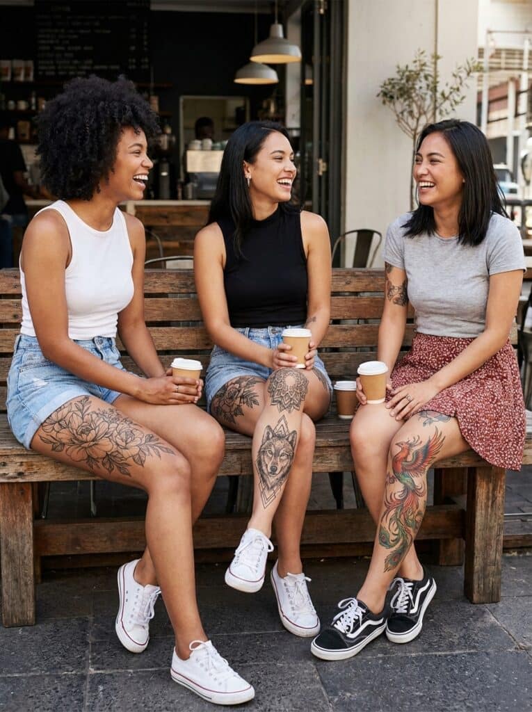ai-photo-studio-1765823444829-2 Three friends with tattoos enjoy coffee and laughter on a bench outside a cafe, embracing friendship and style. | Sky Rye Design Three friends with tattoos enjoy coffee and laughter on a bench outside a cafe, embracing friendship and style.