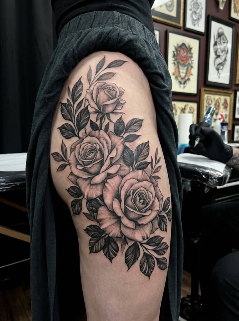 ai-photo-studio-1765823560921-1 Black and white rose tattoo on thigh, featuring detailed floral design, in a tattoo studio setting. | Sky Rye Design Black and white rose tattoo on thigh, featuring detailed floral design, in a tattoo studio setting.
