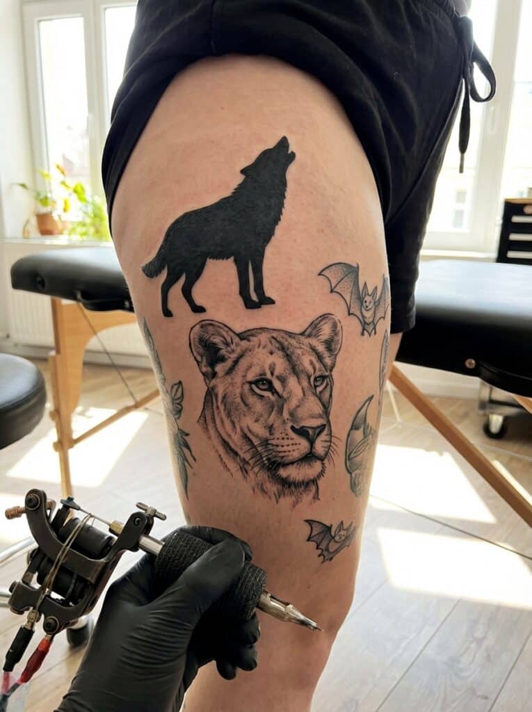 ai-photo-studio-1765824067285-2 Tattoo artist inking thigh with wolf, lioness, and bat designs in a bright studio. | Sky Rye Design Tattoo artist inking thigh with wolf, lioness, and bat designs in a bright studio.