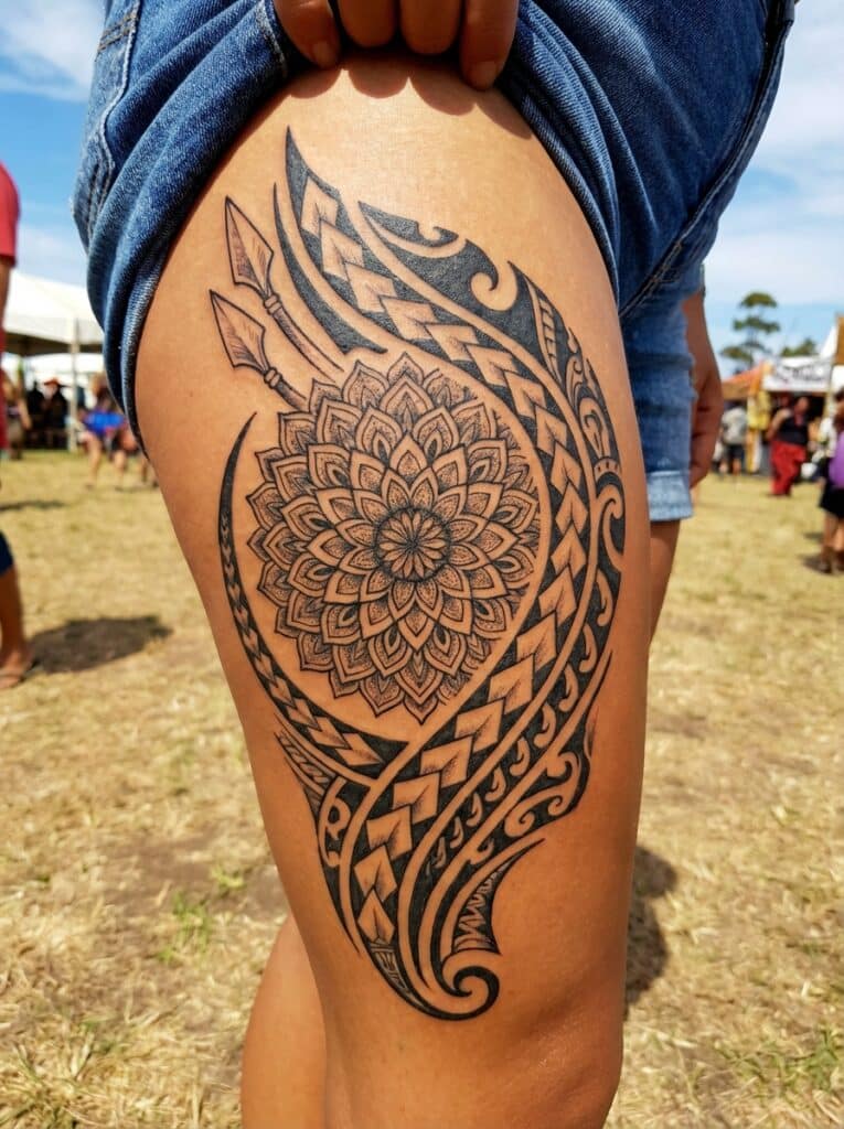 ai-photo-studio-1765824170771-1 Intricate mandala tattoo on thigh with geometric patterns in an outdoor setting, highlighting detailed black ink design in sunlight. | Sky Rye Design Intricate mandala tattoo on thigh with geometric patterns in an outdoor setting, highlighting detailed black ink design in sunlight.