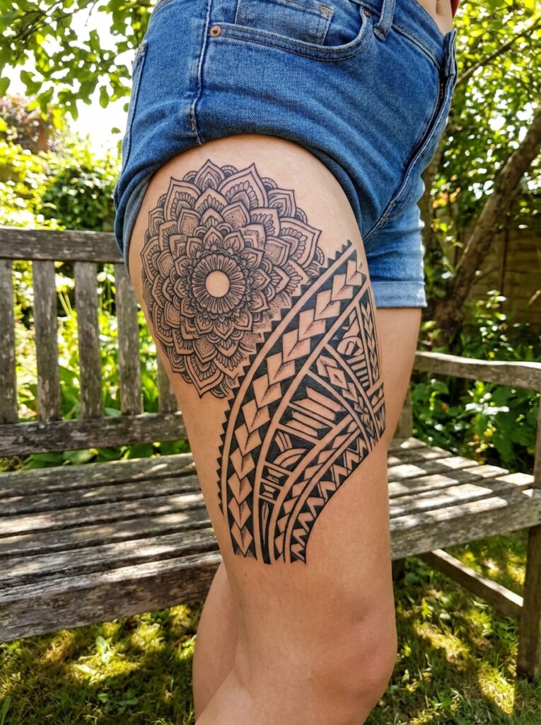 ai-photo-studio-1765824172106-2 Close-up of intricate mandala and tribal tattoo on a woman's upper thigh, outdoor setting with sunlight filtering through trees. | Sky Rye Design Close-up of intricate mandala and tribal tattoo on a woman's upper thigh, outdoor setting with sunlight filtering through trees.