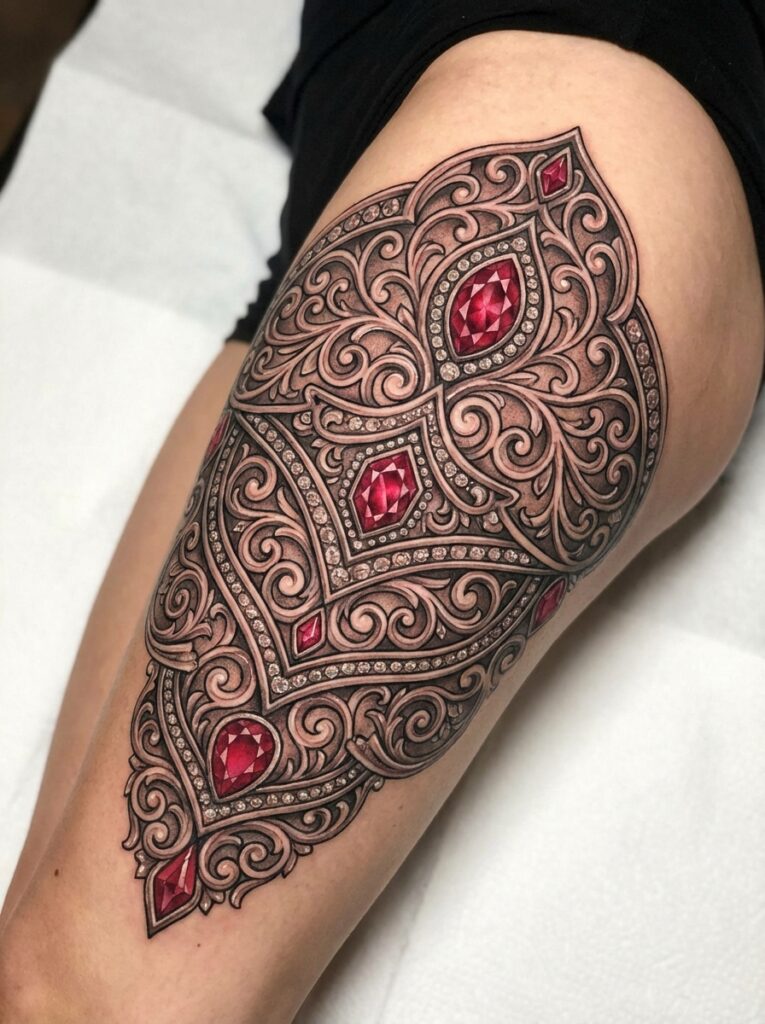 ai-photo-studio-1765824381425-1 Intricate thigh tattoo with ornate swirls and red gem designs, showcasing detailed and artistic ink work. | Sky Rye Design Intricate thigh tattoo with ornate swirls and red gem designs, showcasing detailed and artistic ink work.