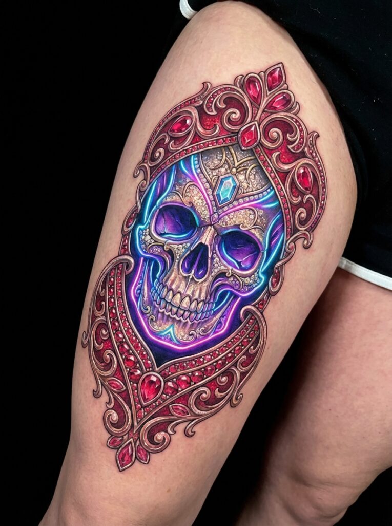 ai-photo-studio-1765824383525-2 Ornate skull tattoo with vibrant blue and red hues on a thigh, featuring intricate gem and filigree details for a striking, colorful design. | Sky Rye Design Ornate skull tattoo with vibrant blue and red hues on a thigh, featuring intricate gem and filigree details for a striking, colorful design.