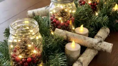 Rustic holiday centerpiece with lit mason jars, pinecones, berries, birch logs, and candles on a wood table with greenery.