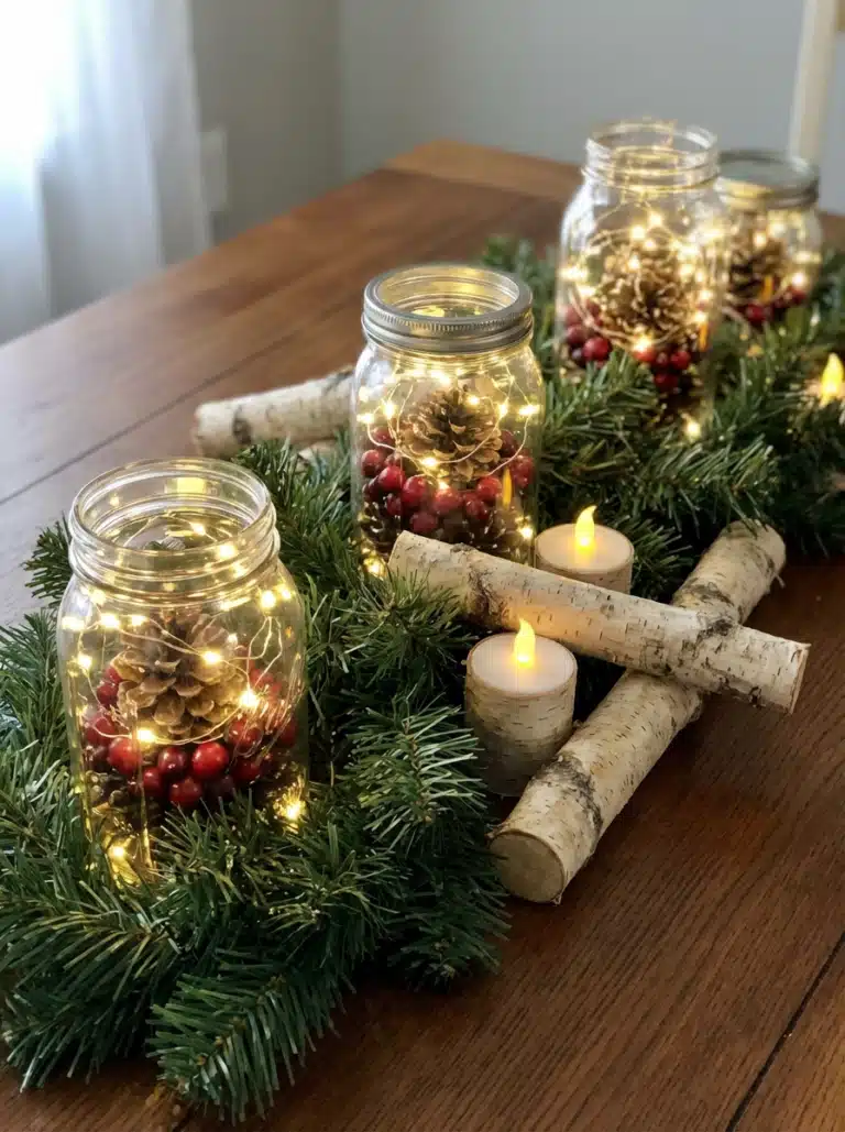 ai-photo-studio-1765893922986-2 Rustic holiday centerpiece with lit mason jars, pinecones, berries, birch logs, and candles on a wood table with greenery. | Sky Rye Design Rustic holiday centerpiece with lit mason jars, pinecones, berries, birch logs, and candles on a wood table with greenery.