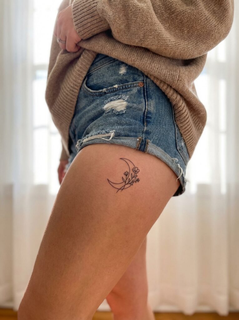 ai-photo-studio-1765903868708-1 Profile view of a person in a sweater and denim shorts, revealing a crescent moon and flower tattoo on their thigh. | Sky Rye Design Profile view of a person in a sweater and denim shorts, revealing a crescent moon and flower tattoo on their thigh.