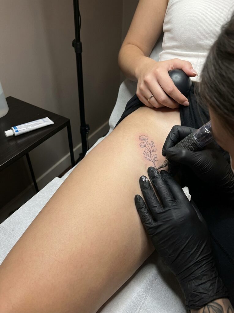 ai-photo-studio-1765904014922-2 Person getting a delicate floral tattoo on their leg by a tattoo artist wearing black gloves in a studio setting. | Sky Rye Design Person getting a delicate floral tattoo on their leg by a tattoo artist wearing black gloves in a studio setting.