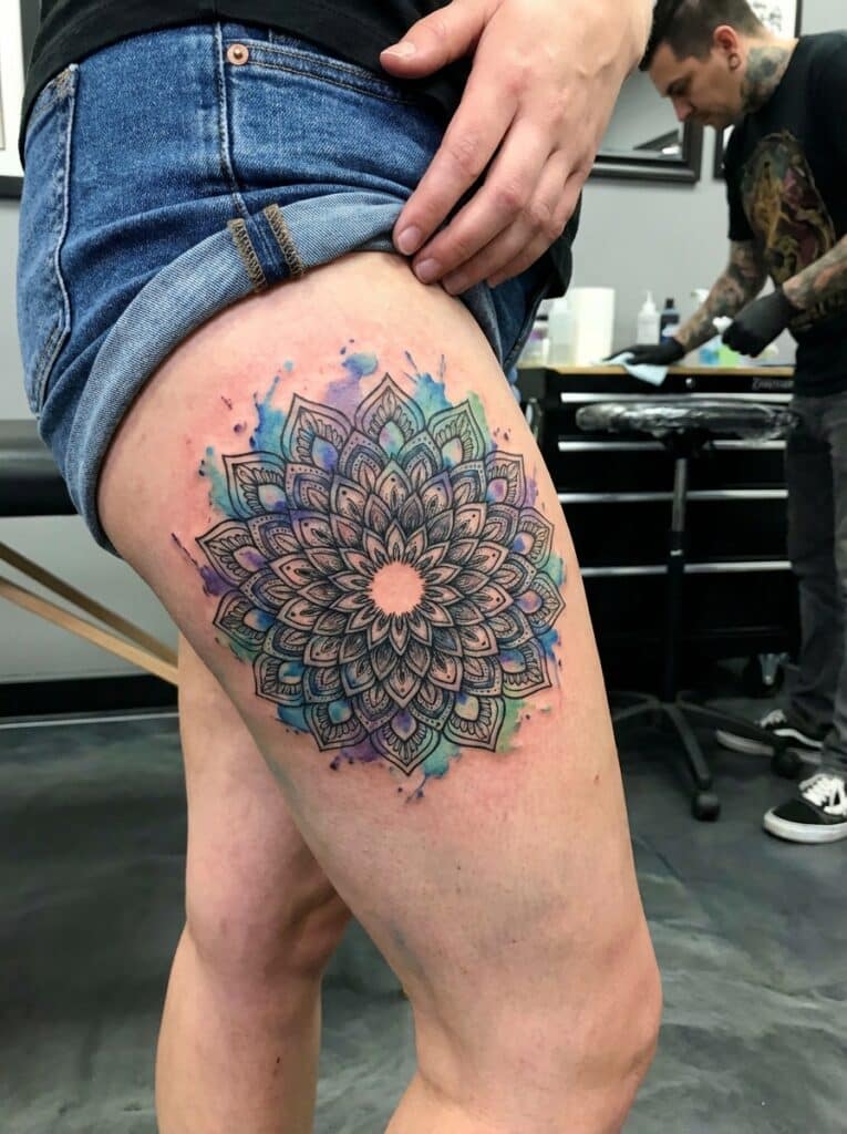 ai-photo-studio-1765904066759-1 Colorful mandala thigh tattoo design with intricate details, created in a tattoo studio setting, showcasing skilled artistry. | Sky Rye Design Colorful mandala thigh tattoo design with intricate details, created in a tattoo studio setting, showcasing skilled artistry.
