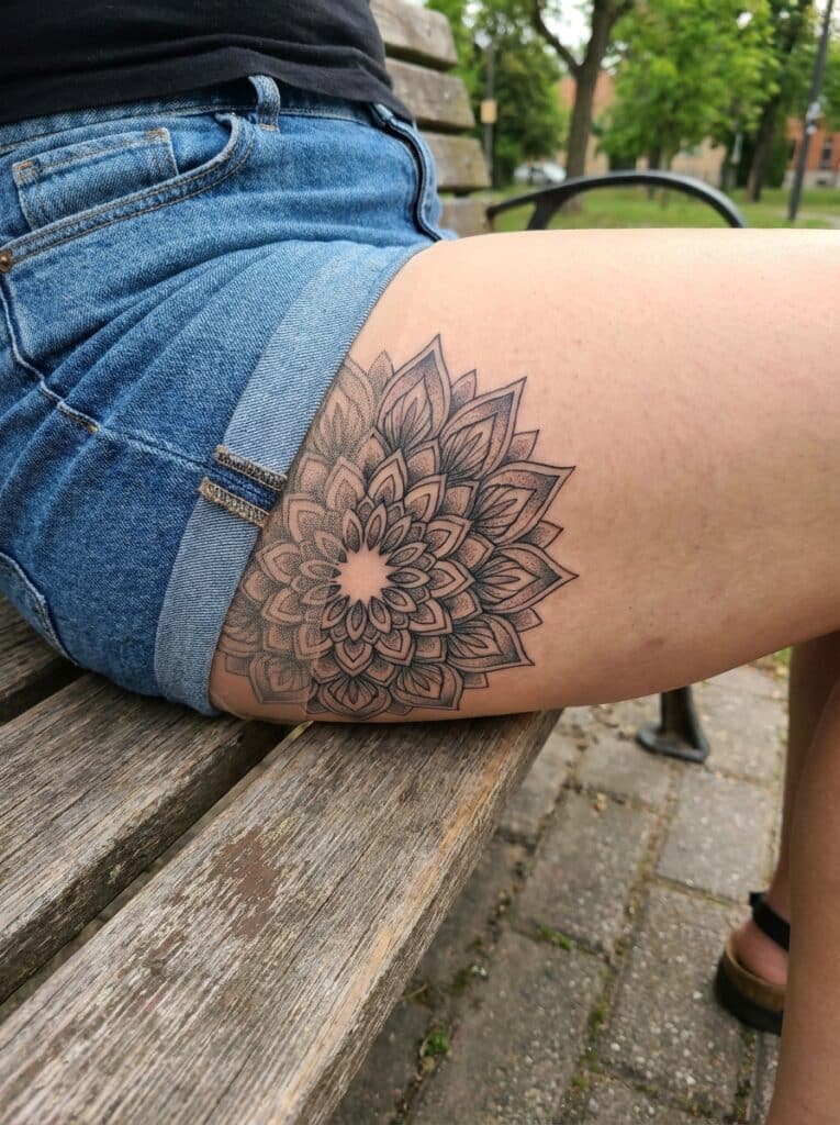 ai-photo-studio-1765904068973-2 Floral mandala tattoo on a person's thigh, wearing denim shorts, sitting on a wooden bench outdoors. | Sky Rye Design Floral mandala tattoo on a person's thigh, wearing denim shorts, sitting on a wooden bench outdoors.