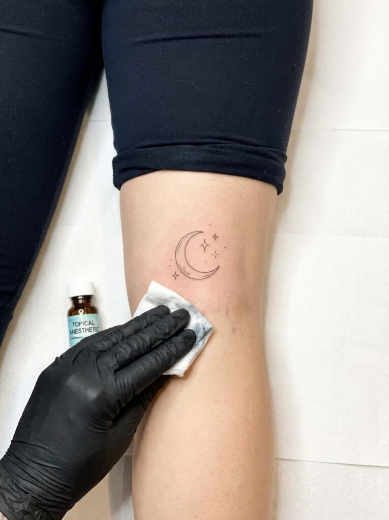 ai-photo-studio-1765904154539-2 Hand in gloves cleans fresh moon and stars tattoo on leg with topical anesthetic. | Sky Rye Design Hand in gloves cleans fresh moon and stars tattoo on leg with topical anesthetic.