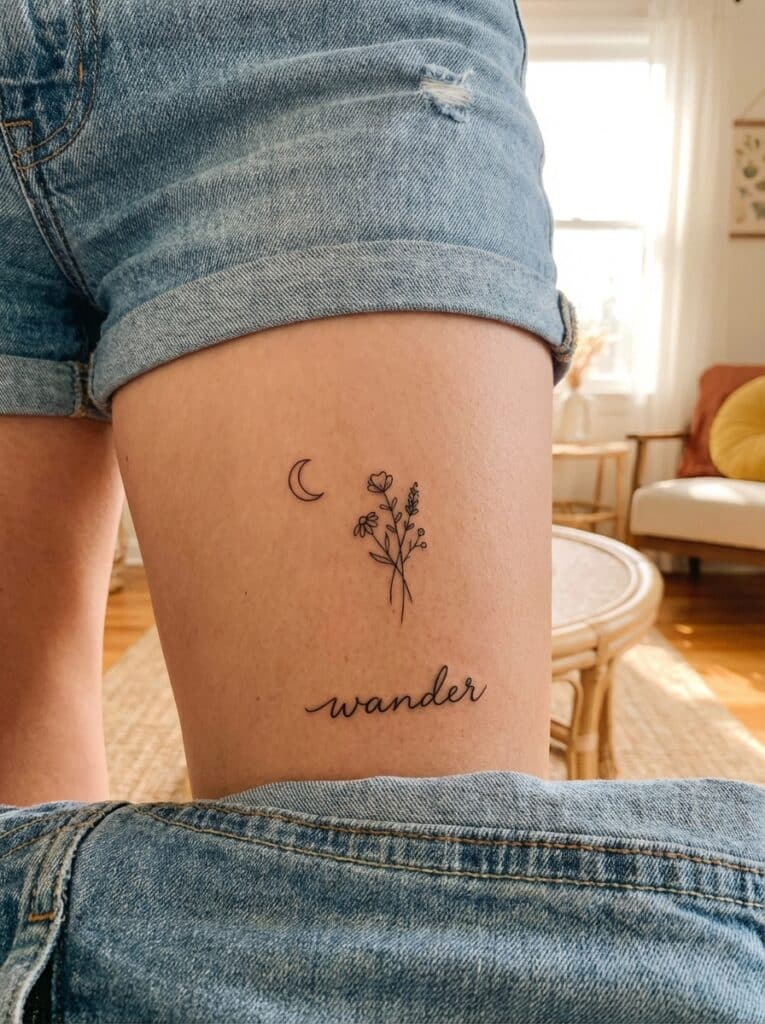 ai-photo-studio-1765904303710-2 Minimalist thigh tattoo with flowers, crescent moon, and wander text, wearing denim shorts in a cozy room with natural lighting. | Sky Rye Design Minimalist thigh tattoo with flowers, crescent moon, and wander text, wearing denim shorts in a cozy room with natural lighting.