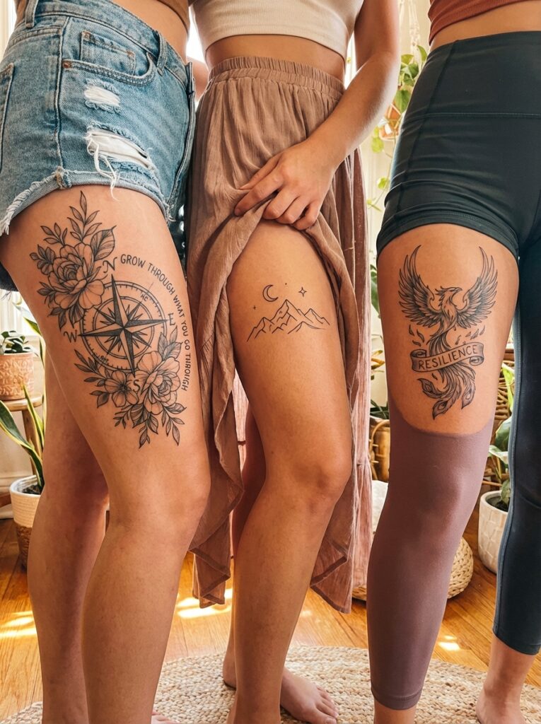 ai-photo-studio-1765904724897-2 Three people showcasing unique thigh tattoos: a compass with flowers, mountains with a moon, and a phoenix with resilience. | Sky Rye Design Three people showcasing unique thigh tattoos: a compass with flowers, mountains with a moon, and a phoenix with resilience.