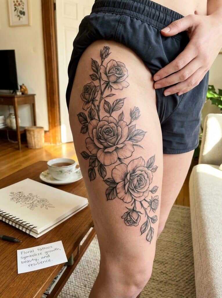 ai-photo-studio-1765904957327-1 Floral thigh tattoo design with roses, showcasing beauty, growth, and resilience, near a sketchbook and cup of tea on a sunny table. | Sky Rye Design Floral thigh tattoo design with roses, showcasing beauty, growth, and resilience, near a sketchbook and cup of tea on a sunny table.