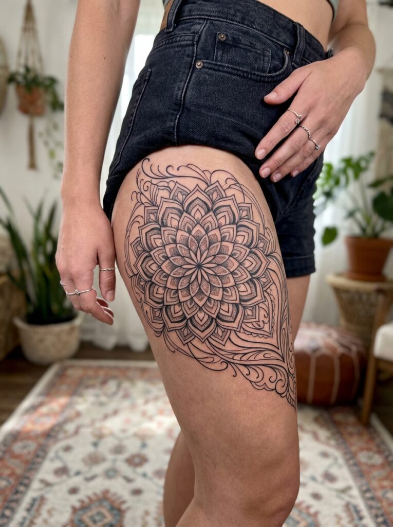 ai-photo-studio-1765905254187-1 Intricate mandala tattoo on a woman's thigh, showcasing detailed floral patterns with black ink. | Sky Rye Design Intricate mandala tattoo on a woman's thigh, showcasing detailed floral patterns with black ink.