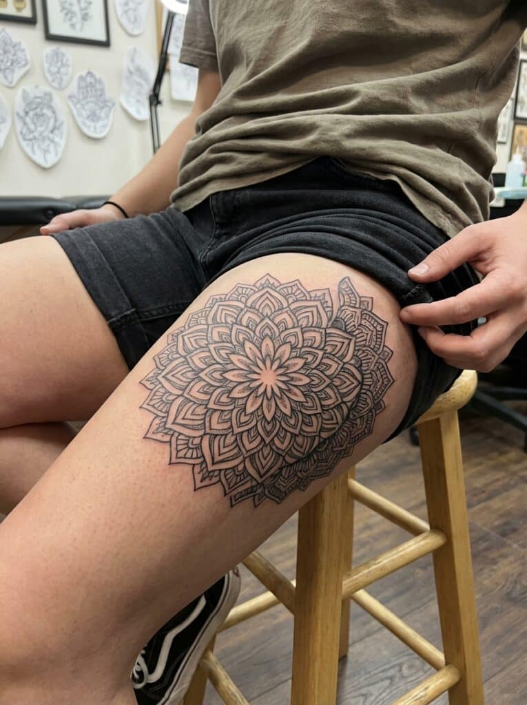 ai-photo-studio-1765905256437-2 Intricate mandala thigh tattoo on someone seated, showcasing detailed geometric patterns in a tattoo studio setting. | Sky Rye Design Intricate mandala thigh tattoo on someone seated, showcasing detailed geometric patterns in a tattoo studio setting.