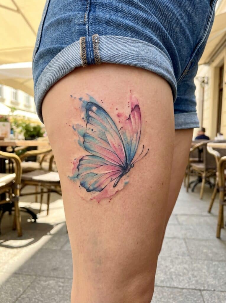 ai-photo-studio-1765905779214-1 Colorful watercolor butterfly tattoo on a person's thigh, captured outdoors in a casual setting. | Sky Rye Design Colorful watercolor butterfly tattoo on a person's thigh, captured outdoors in a casual setting.