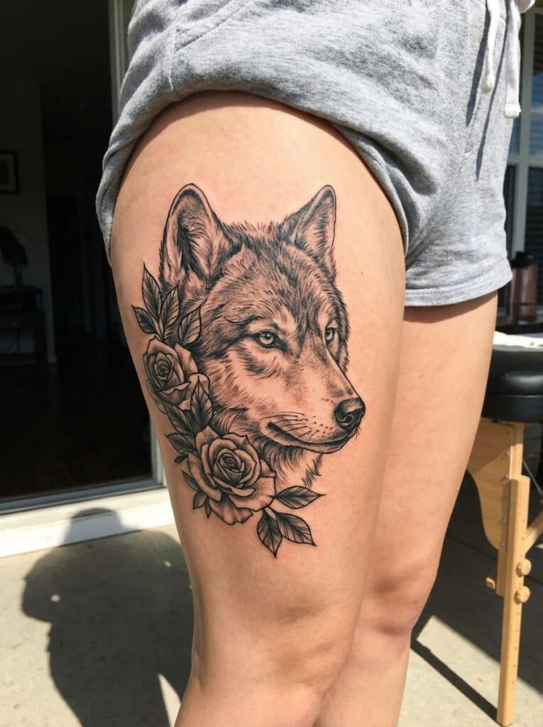 ai-photo-studio-1765905917685-2 Wolf and roses tattoo on upper thigh, featuring detailed black and gray ink design, blending nature and art beautifully. | Sky Rye Design Wolf and roses tattoo on upper thigh, featuring detailed black and gray ink design, blending nature and art beautifully.