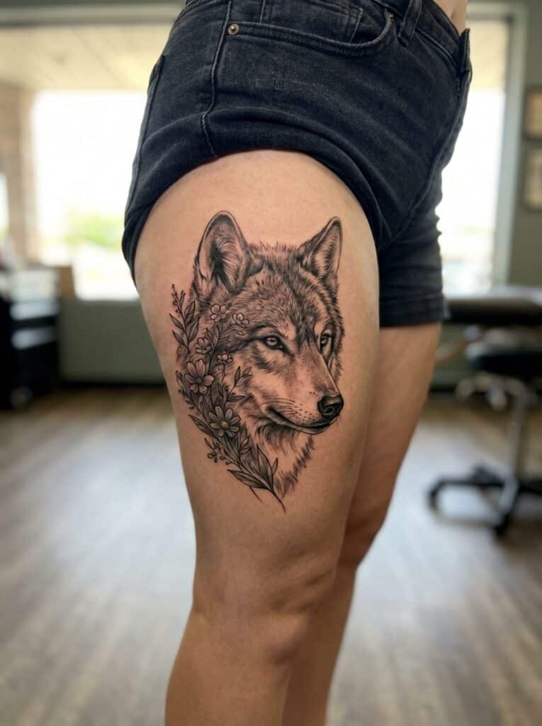 ai-photo-studio-1765905950568-1 Wolf tattoo with floral design on thigh, showcasing detailed shading and intricate artwork. | Sky Rye Design Wolf tattoo with floral design on thigh, showcasing detailed shading and intricate artwork.