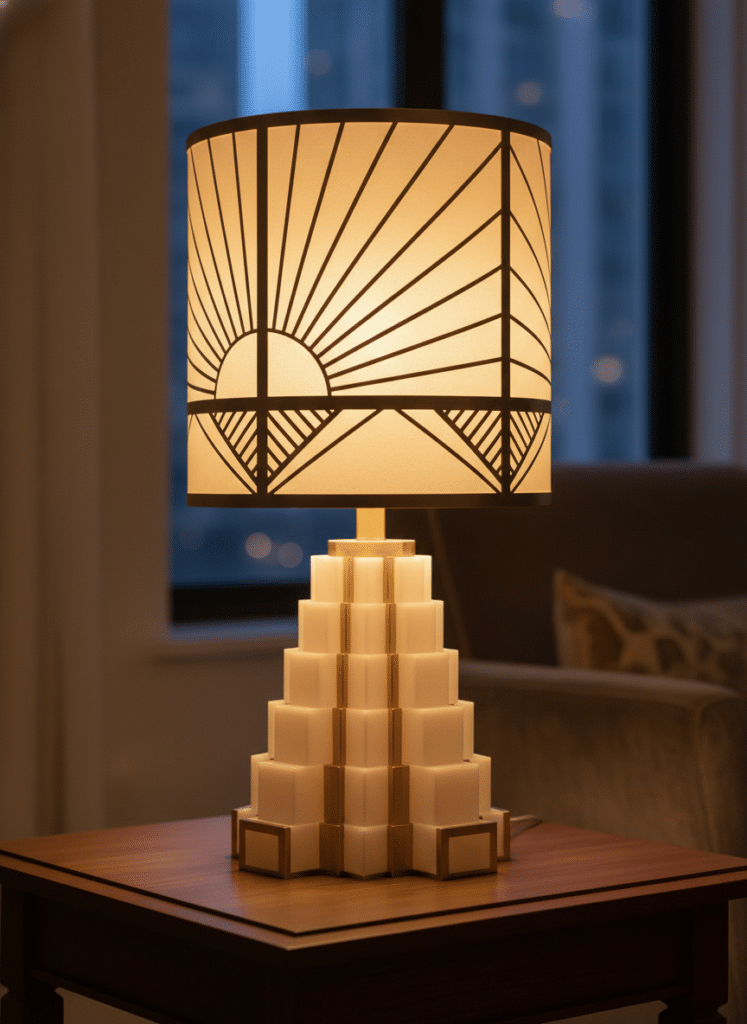 ai-photo-studio-1765921985424-1 Art Deco-style table lamp with geometric design and sun motif, illuminating a cozy room with a soft, warm glow. | Sky Rye Design Art Deco-style table lamp with geometric design and sun motif, illuminating a cozy room with a soft, warm glow.