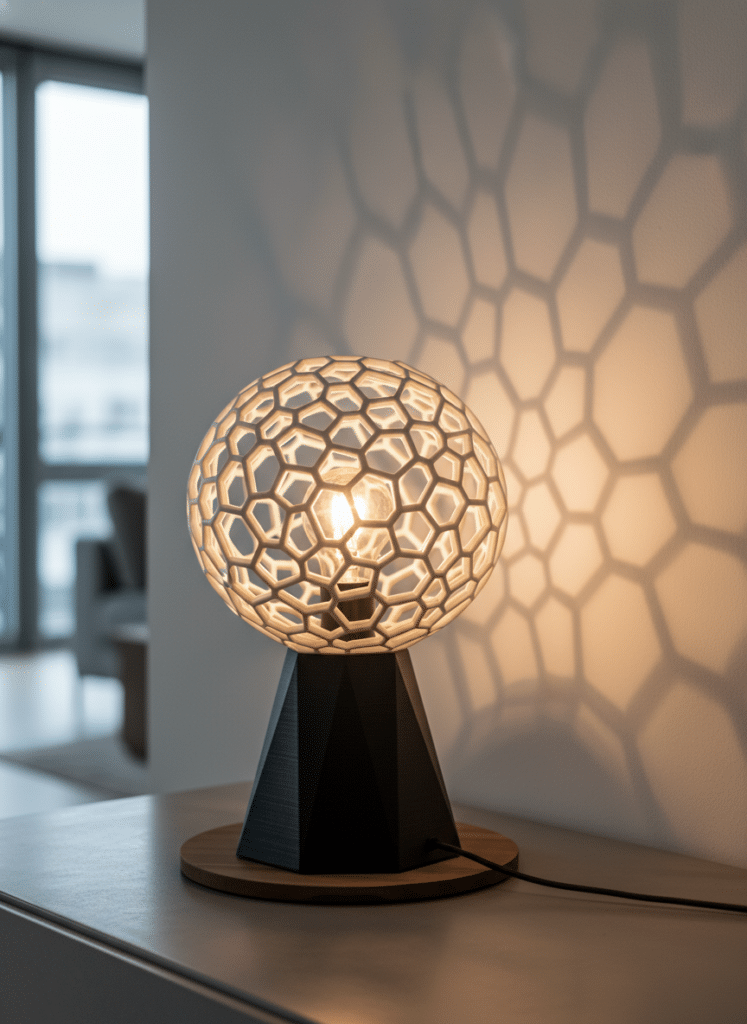 ai-photo-studio-1765922132688-2 Modern table lamp with geometric honeycomb design casting intricate shadows on a wall, creating an elegant and cozy atmosphere. | Sky Rye Design Modern table lamp with geometric honeycomb design casting intricate shadows on a wall, creating an elegant and cozy atmosphere. 3D Printing Lamps