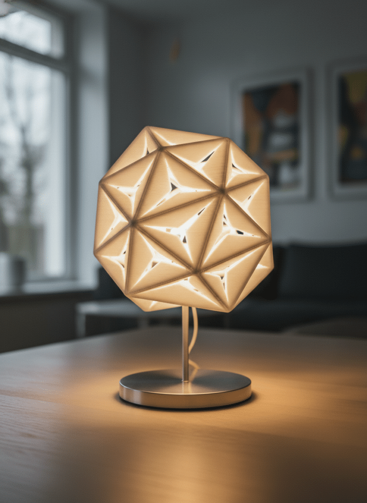 ai-photo-studio-1765922134872-3 Modern geometric table lamp with warm light on a wooden table, adding style to a cozy living room with artwork in the background. | Sky Rye Design Modern geometric table lamp with warm light on a wooden table, adding style to a cozy living room with artwork in the background.