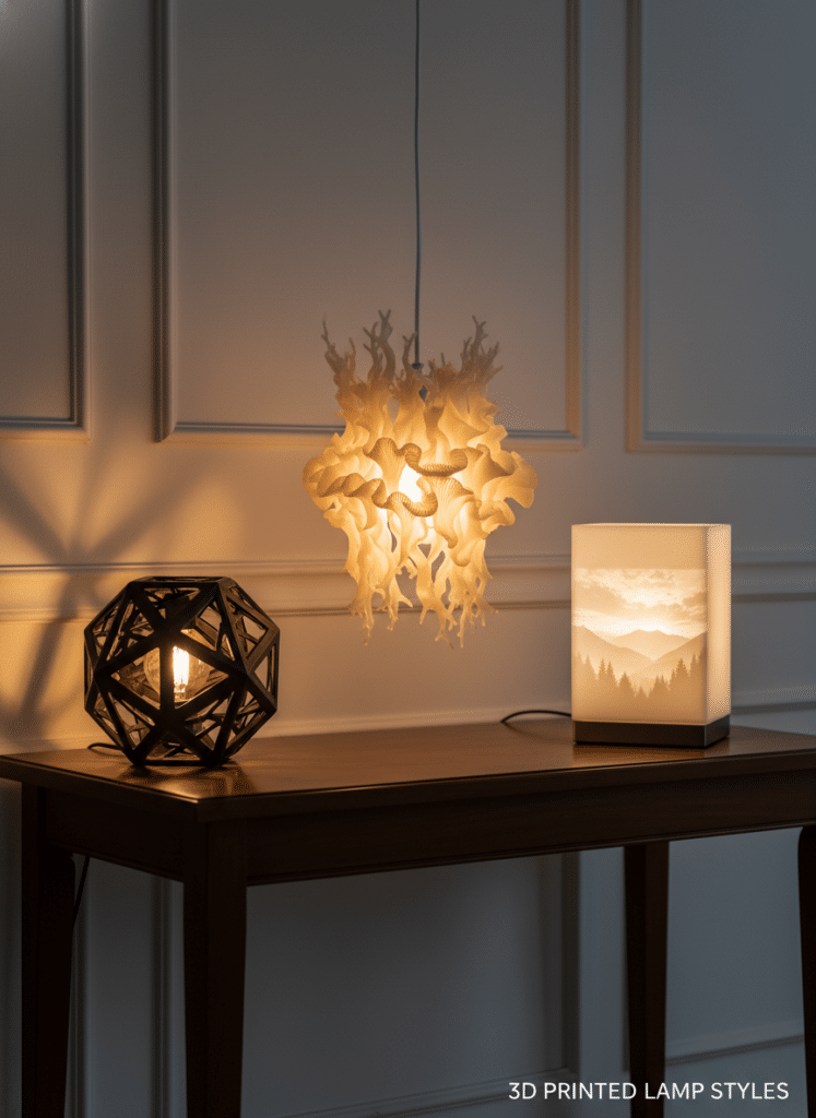 ai-photo-studio-1765922136255-4 Three unique 3D printed lamps displayed on a wooden table, featuring geometric, organic, and landscape designs, casting warm ambient light. | Sky Rye Design Three unique 3D printed lamps displayed on a wooden table, featuring geometric, organic, and landscape designs, casting warm ambient light.