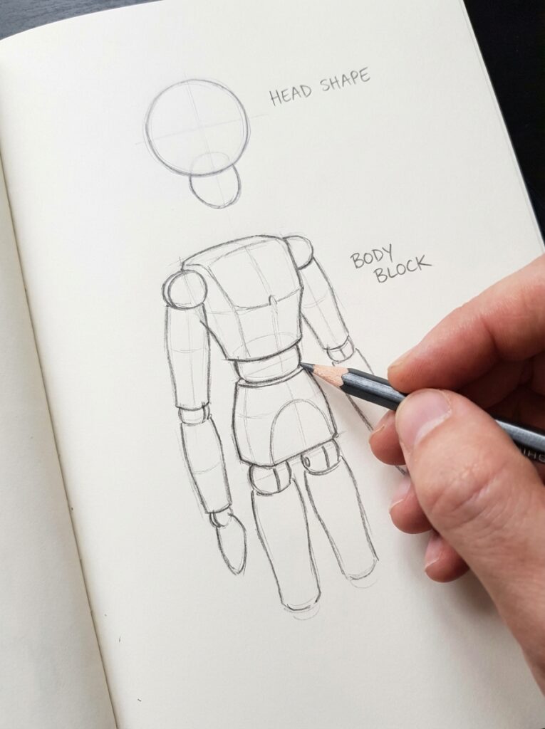 ai-photo-studio-1765971404093-2 Hand sketching a mannequin figure in a notebook, focusing on head shape and body block outlines. | Sky Rye Design Hand sketching a mannequin figure in a notebook, focusing on head shape and body block outlines.