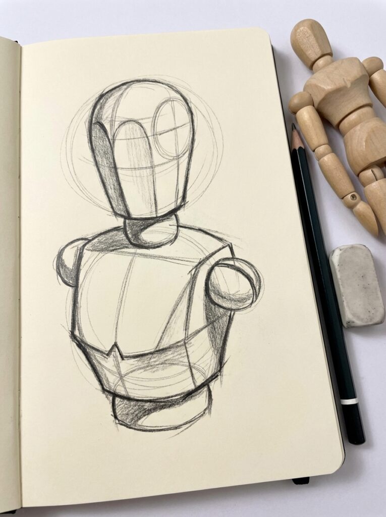 ai-photo-studio-1765971407543-1 Sketch of a mannequin figure in pencil on a notebook with wooden model, pencil, and eraser beside it. Artistic supplies concept. | Sky Rye Design Sketch of a mannequin figure in pencil on a notebook with wooden model, pencil, and eraser beside it. Artistic supplies concept.