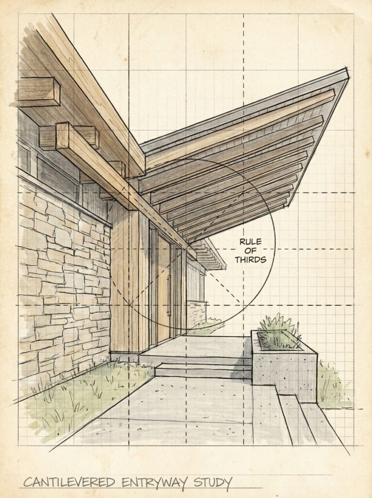 ai-photo-studio-1765996838422-2 Architectural sketch of a cantilevered entryway with stone walls, exploring the rule of thirds composition in design. | Sky Rye Design Architectural sketch of a cantilevered entryway with stone walls, exploring the rule of thirds composition in design.