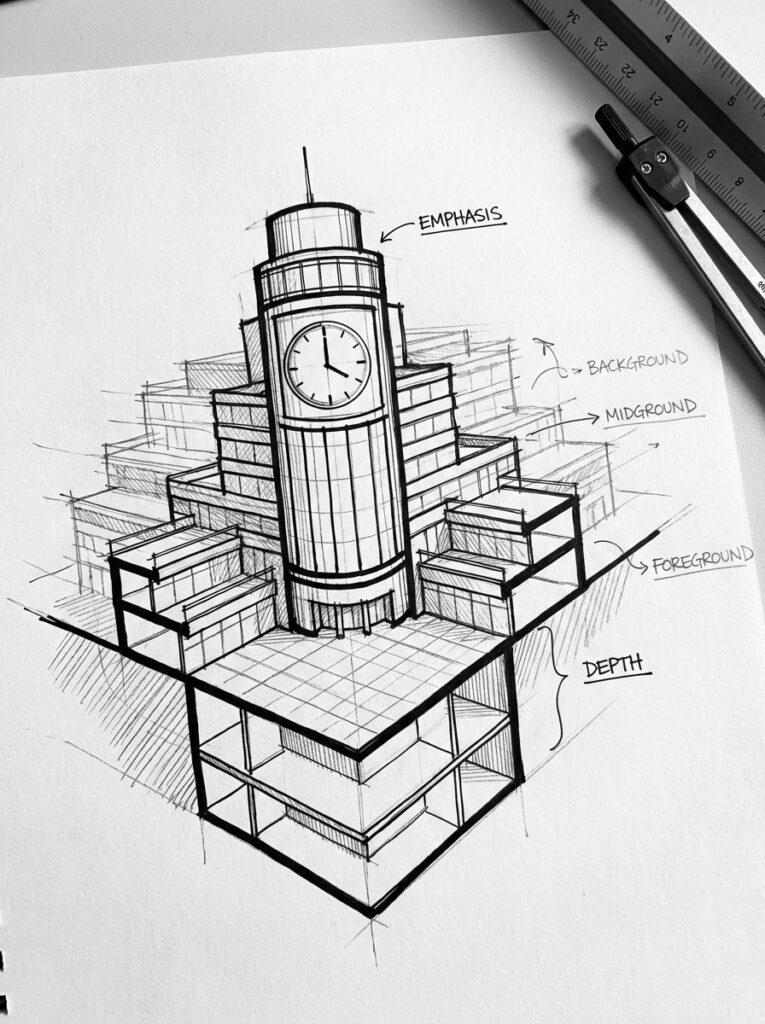 ai-photo-studio-1765997027788-1 Sketch of a stepped building with a clock tower, showing depth and perspective with emphasis on structure. Architectural drawing tools nearby. | Sky Rye Design Sketch of a stepped building with a clock tower, showing depth and perspective with emphasis on structure. Architectural drawing tools nearby.