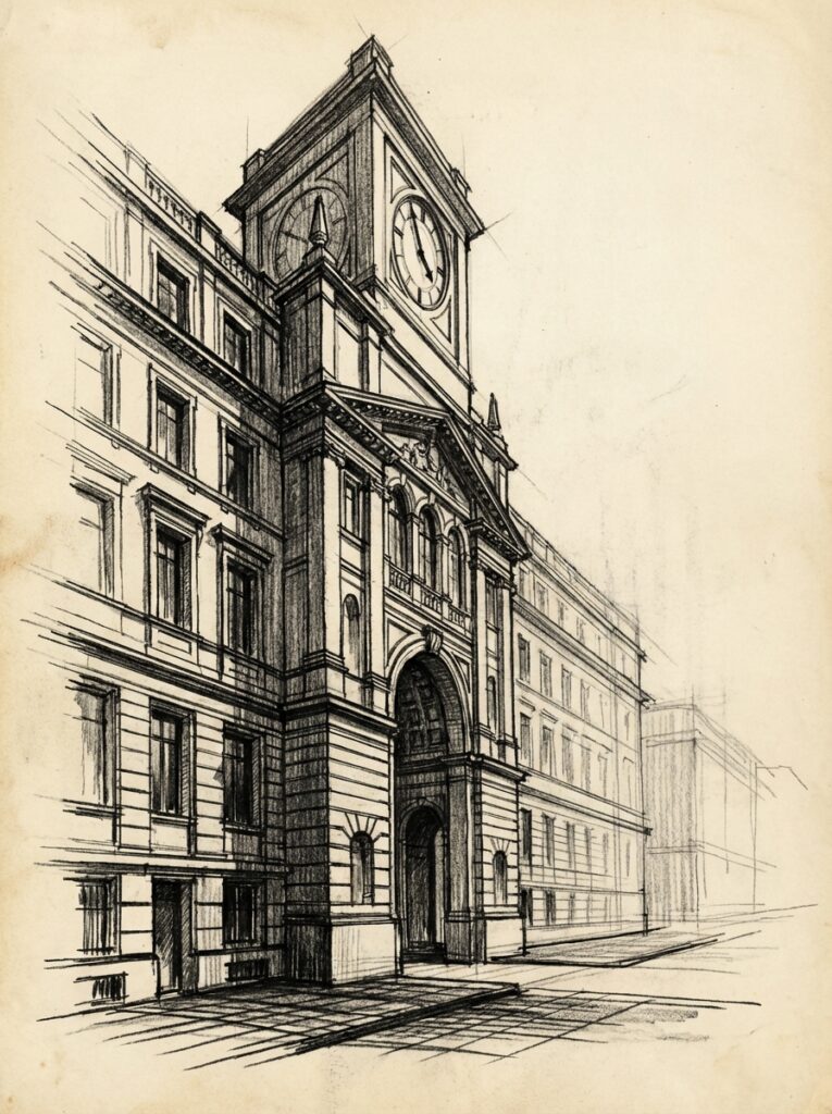 ai-photo-studio-1765997034934-2 Detailed architectural sketch of a historic building with a clock tower, showcasing classic design elements and intricate details. | Sky Rye Design Detailed architectural sketch of a historic building with a clock tower, showcasing classic design elements and intricate details.