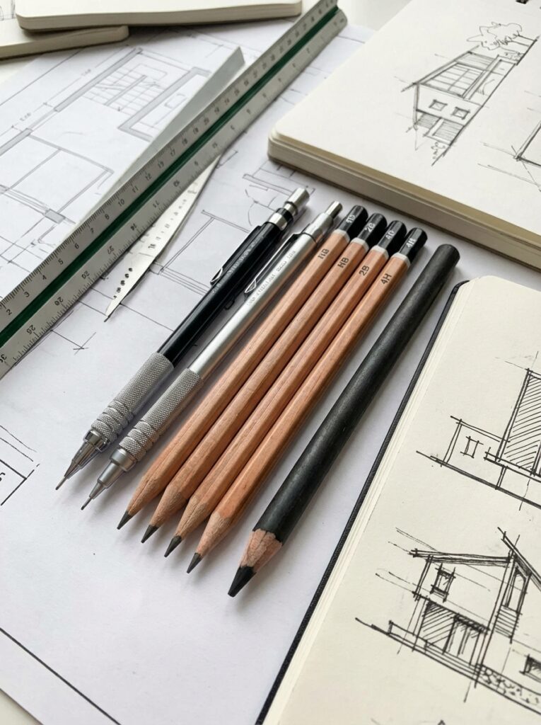 ai-photo-studio-1765997268251-1 Architectural sketching tools and blueprints with pencils, mechanical pencil, ruler, and paper, showcasing a creative design workspace. | Sky Rye Design Architectural sketching tools and blueprints with pencils, mechanical pencil, ruler, and paper, showcasing a creative design workspace.
