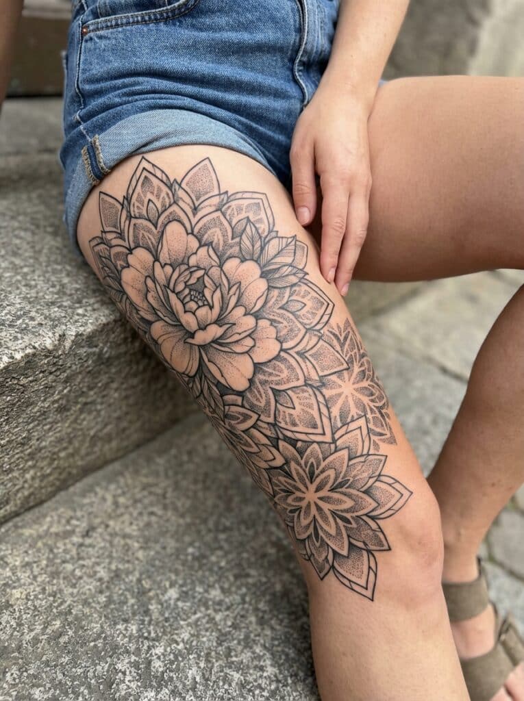 Intricate floral thigh tattoo with geometric accents on a woman wearing denim shorts, showcasing detailed art on stone steps.
